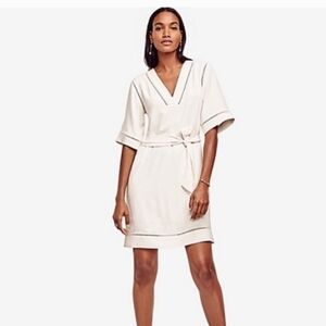 Ann Taylor Etched Hem Classic Silky Off White Lined Belted Boho Kimono Dress XSP